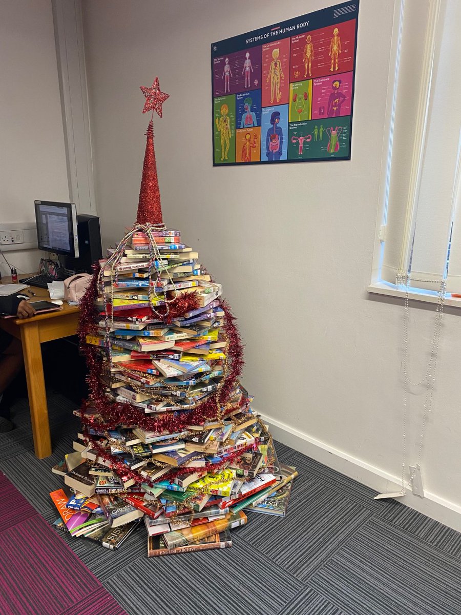 Library_EHS's tweet photo. More decorations! We have our lovely shelf snowman and a book tree! #library #librarydisplay #booktree #snowman https://t.co/gwbd1BsxWF