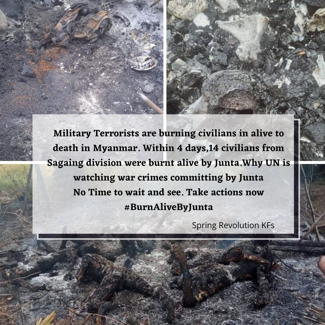 spring21MM's tweet photo. Tw//sensitive content
Many Civilians were Brutal #BurntAliveByJunta especially in Migin Tsp, Kalay Tsp, Salingyi Tsp, Sagaing Region in the first week of December after being  Abducted by Military terrorists.@UN We need serious actions to stop Terrorists' Brutality.@ICJ_org https://t.co/1jukITivk9