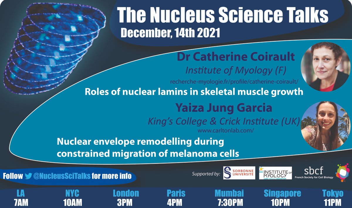 Next Tuesday, at 4pm CET, two short talks: from <a href="/CoiraultC/">Coirault Catherine</a> at the <a href="/researchmyology/">Centre of Research in Myology (UMRS 974)</a>  and <a href="/Yaii_93/">Yaiza Jung</a> at <a href="/JezCarlton/">Jez Carlton</a> lab. Check our slack for the Zoom link.