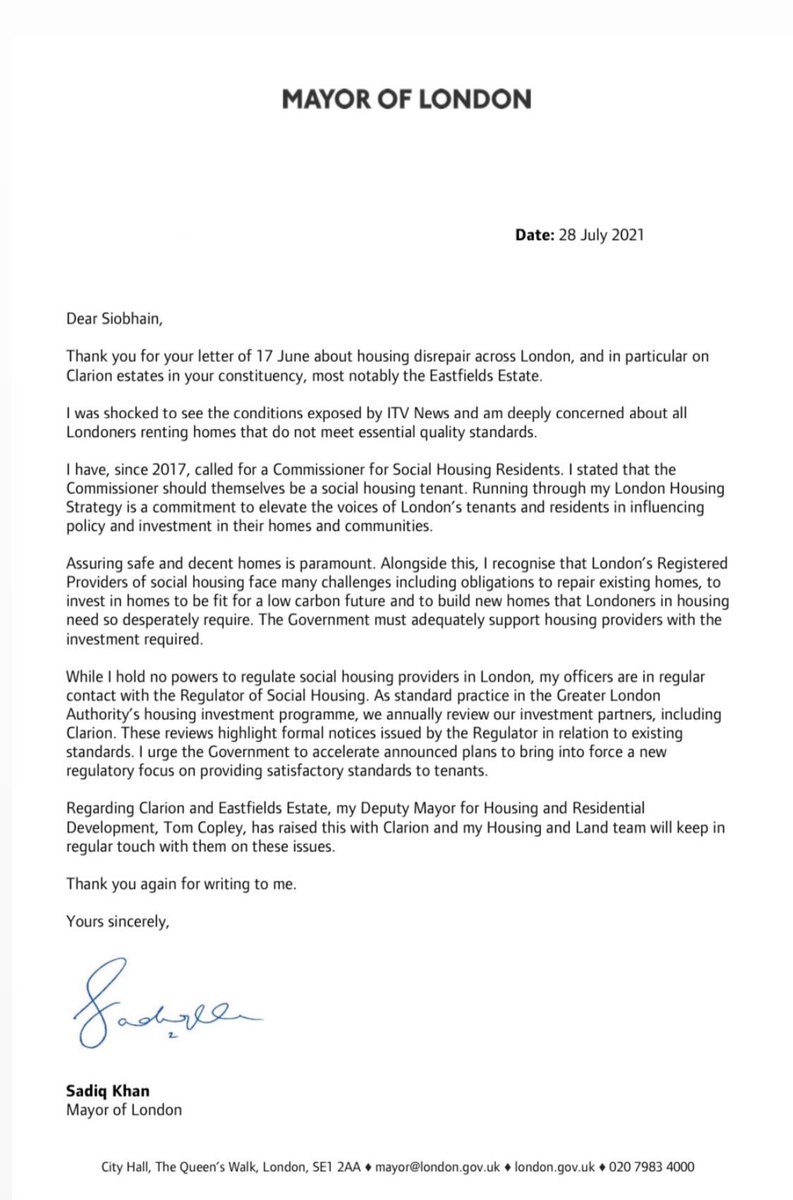 I’ve since heard absolutely nothing privately or in public in regards to shocking Social Housing from the Mayor of London. <a href="/SadiqKhan/">Sadiq Khan</a> 

Not once has he called out Housing Associations or Councils for it. Nothing about a ‘Commissioner for Social Housing’ either….👇🏽👇🏽