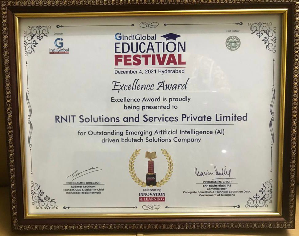 RINT_SS's tweet photo. "RNIT" has been recognized during Educational Festival and has received the Excellence Award for “Outstanding Emerging Artificial Intelligence (AI) driven Edutech Solutions Company” in the presence of delegates Shri Navin Mittal, IAS &amp; Shri Jayesh Ranjan, IAS. https://t.co/Vyi1vnTER8