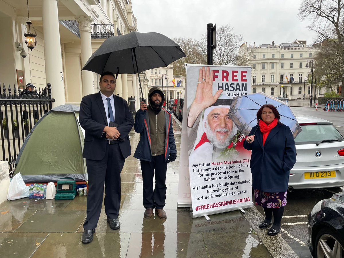 PaulaBarkerMP's tweet photo. This morning, along with my colleague @NavPMishra we visited Ali Mushaima whose is on the 13th day of hunger strike outside the Bahrain embassy to highlight the plight of his father Hasan Mushaima &amp; Dr AlSingace @BirdBahrain_ https://t.co/OPlPsjGwfl