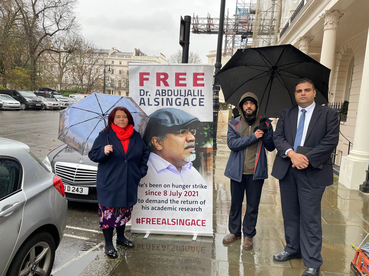 PaulaBarkerMP's tweet photo. This morning, along with my colleague @NavPMishra we visited Ali Mushaima whose is on the 13th day of hunger strike outside the Bahrain embassy to highlight the plight of his father Hasan Mushaima &amp; Dr AlSingace @BirdBahrain_ https://t.co/OPlPsjGwfl