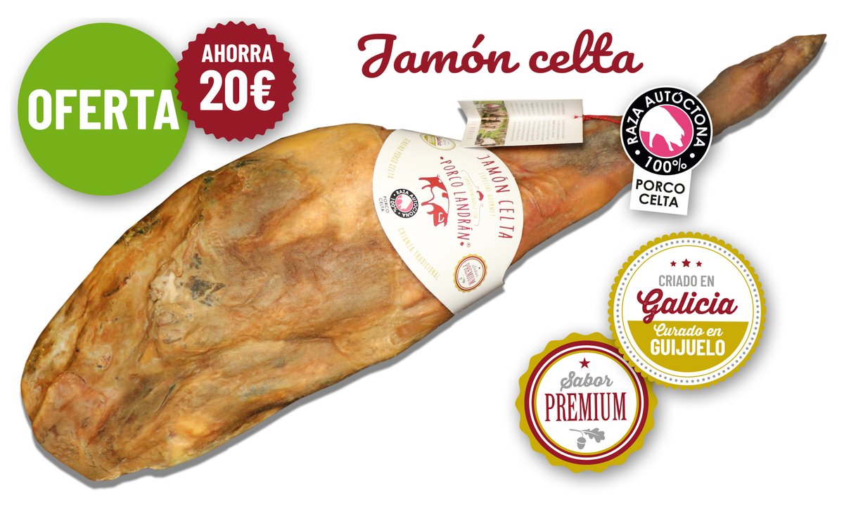 CarnesDominguez's tweet photo. FABULOSA OFERTA de jamón celta. AHORRA 20€ por pieza. Jamón de cerdo celta premium criado en Galicia a la manera tradicional con curación exclusiva en Guijuelo. Pieza fina con grasa externa dorada debido a su alimentación natural. Cómpralo ya: https://t.co/2DASVpyOMc https://t.co/B4WaqdSbQN