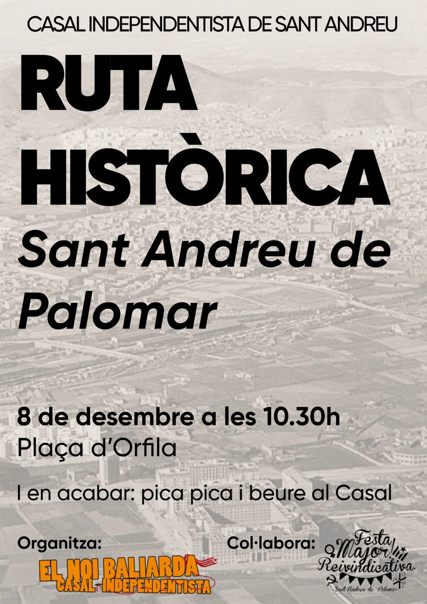 <a href="/ElNoiBaliarda/">El Noi Baliarda</a> ha organitzat per demà 8 de desembre una ruta històrica per Sant Andreu de Palomar!
🗓8 de desembre
📍Plaça d'Orfila
⏰10:30h