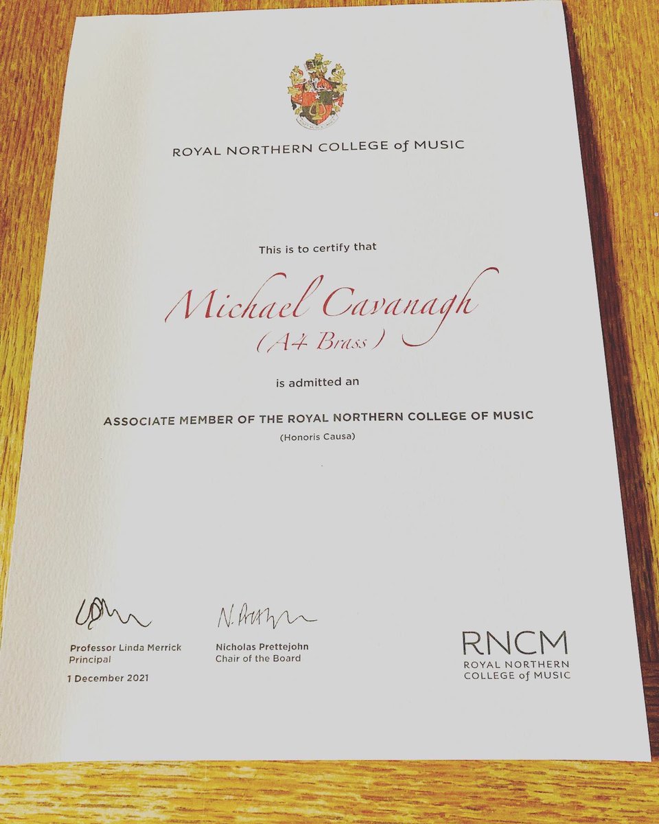 MikeCav94's tweet photo. A great honour to be conferred by @rncmlive as an Associate Member with @A4BrassQuartet last week! Long may our close relationship with the College continue! @rncmalumni #chambermusic #RNCM #brass https://t.co/8uLSrtByGZ