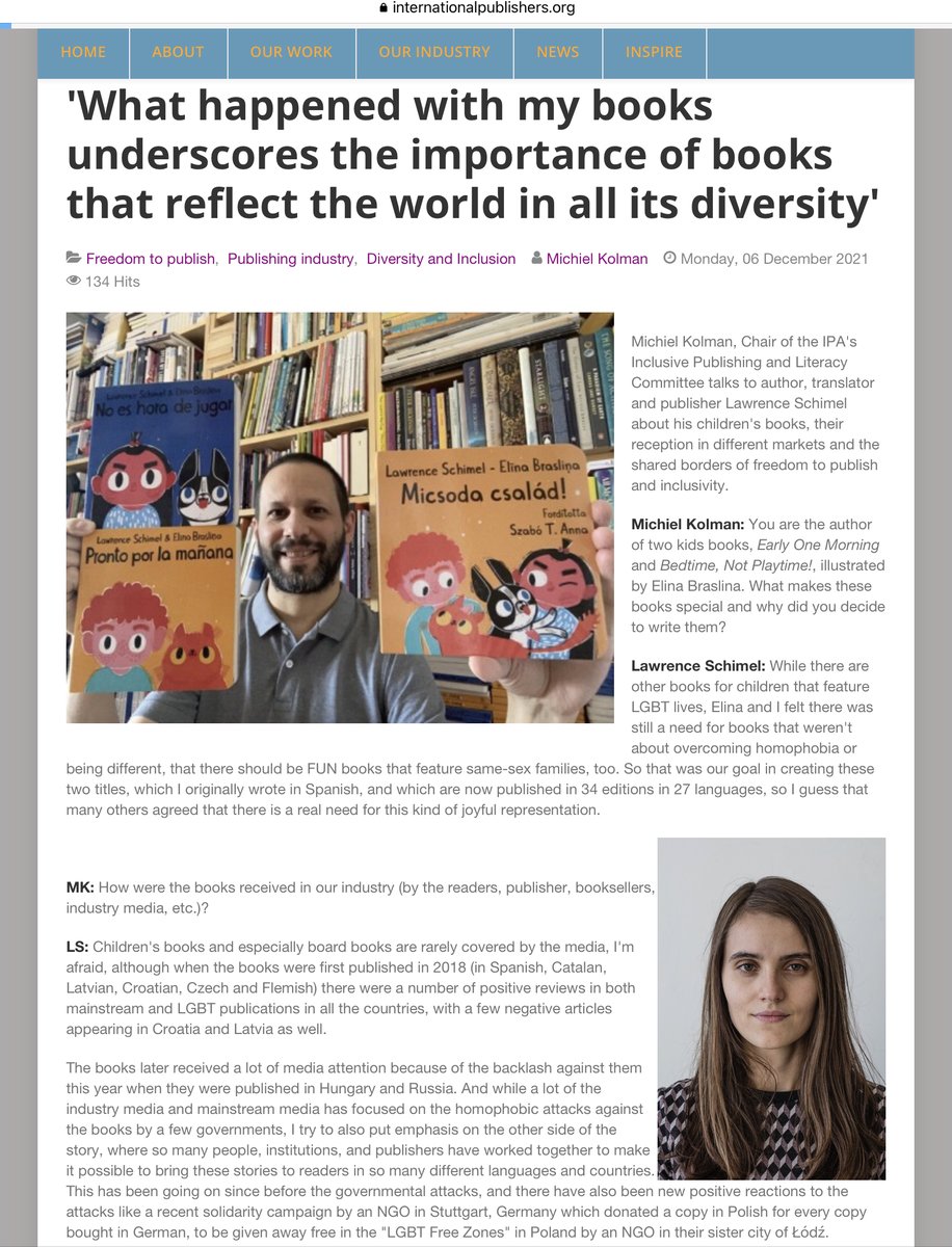 Gracias @michielams for interviewing me for the International Publishers Association about my children's books featuring #rainbowfamilies:

internationalpublishers.org/blog/entry/wha…

We talked about #inclusion #diversity #freedomtopublish #censorship #solidarity #lgbtq #pride #queerjoy & more!