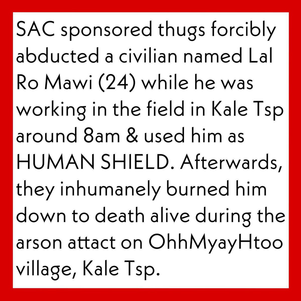 SAC TIED 11 YOUTHS &amp; BURNED TO DEATH ALIVE &amp; a civilian was used as HUMAN SHIELDS &amp; burned alive.Locals heard screaming of the burning youths but couldn’t help.The world must stop watching Myanmar Junta committing #CrimeAgainstHumanity. #BurntAliveByJunta #WhatsHappeningInMyanmar
