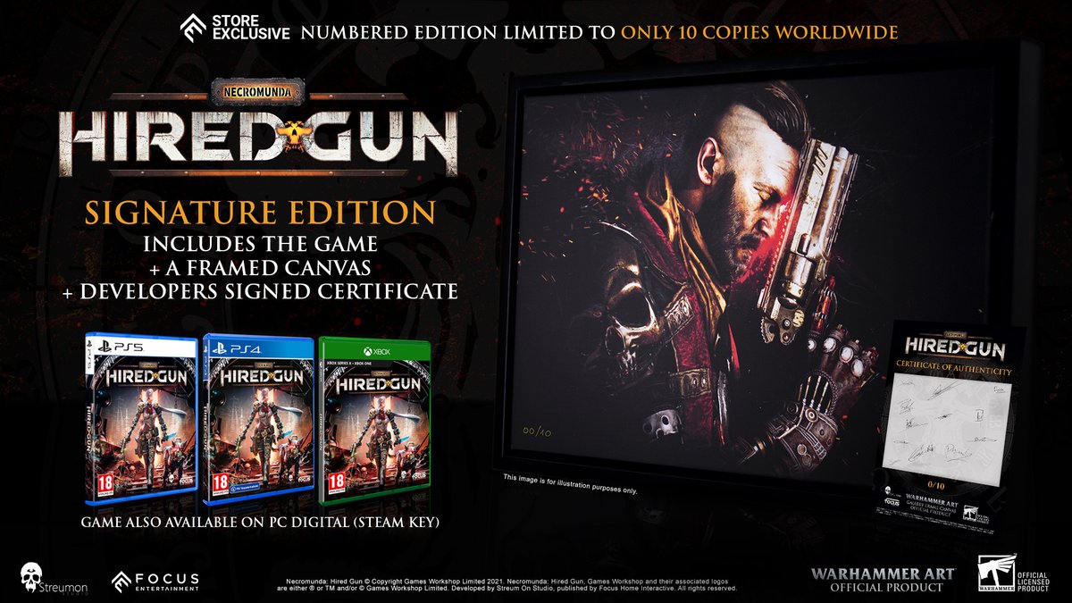 European Warhammer fans, we have a special treat for you!

We've created 10 exclusive signature editions for <a href="/PlayHiredGun/">Necromunda: Hired Gun</a>.

This edition includes:

-The game
-A framed canvas
-A certificate of authenticity signed by the devs

Get it here: bit.ly/3rMHhMS