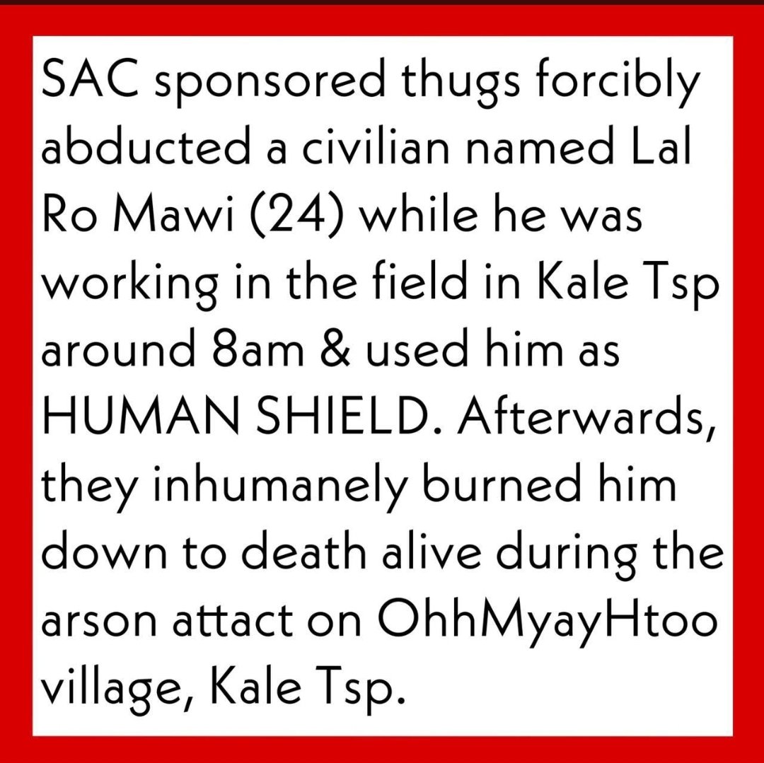 Tw / / Graphic Content 

SAC TIED 11 YOUTHS &amp; BURNED TO DEATH ALIVE &amp; a civilian was used as HUMAN SHIELDS &amp; burned alive.Locals heard screaming of the burning youths but couldn’t help.The world must stop watching Myanmar Junta committing #CrimeAgainstHumanity.
#BurntAliveByJunta