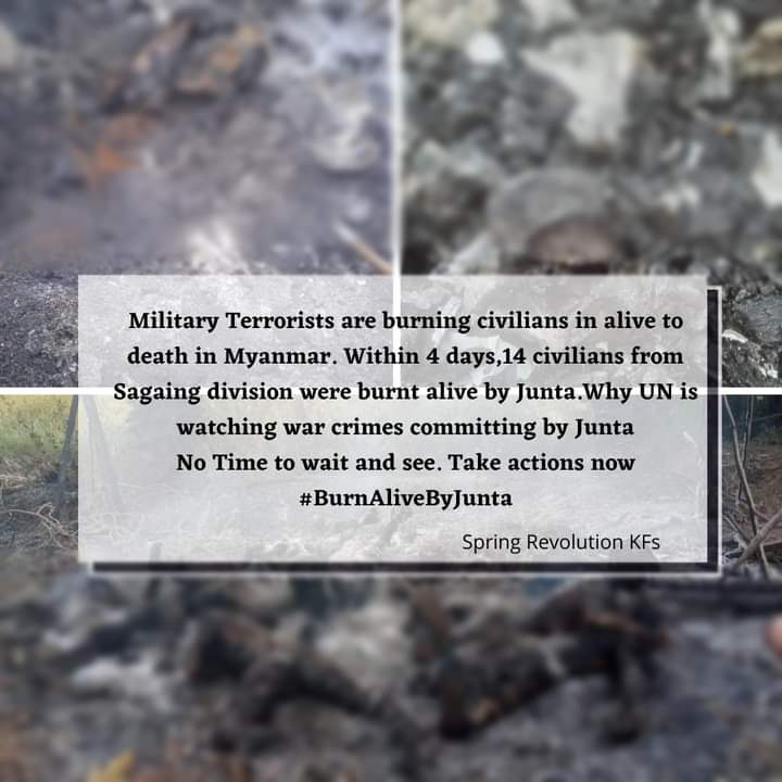 Taekook136013's tweet photo. Tw//sensitive content
Many Civilians were Brutally #BurntAliveByJunta  especially  in Migin Tsp, Kalay Tsp,Salingyi Tsp, Sagaing Region in the first week of December after being  Abducted by Military terrorists.@UN We need serious actions to stop Terrorists' Brutality.@ICJ_org https://t.co/ZTs7AW8nJJ