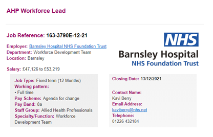 We have HEE funding to support this 12-month post to lead the development of AHP workforce plans at Barnsley Hosptial.
See link below for more detail⬇️
jobs.nhs.uk/xi/vacancy/916…

#AHPWorkforce #AHPLeadership