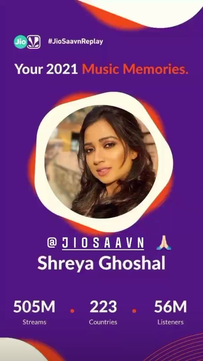 #JioSaavnReplay2021 
@shreyaghoshal 👉 505M streams & 56M listeners in 223Countries. 
#QueenRules #QueenSlayed 
Congratsssss! Many more to come in ahead. 😍