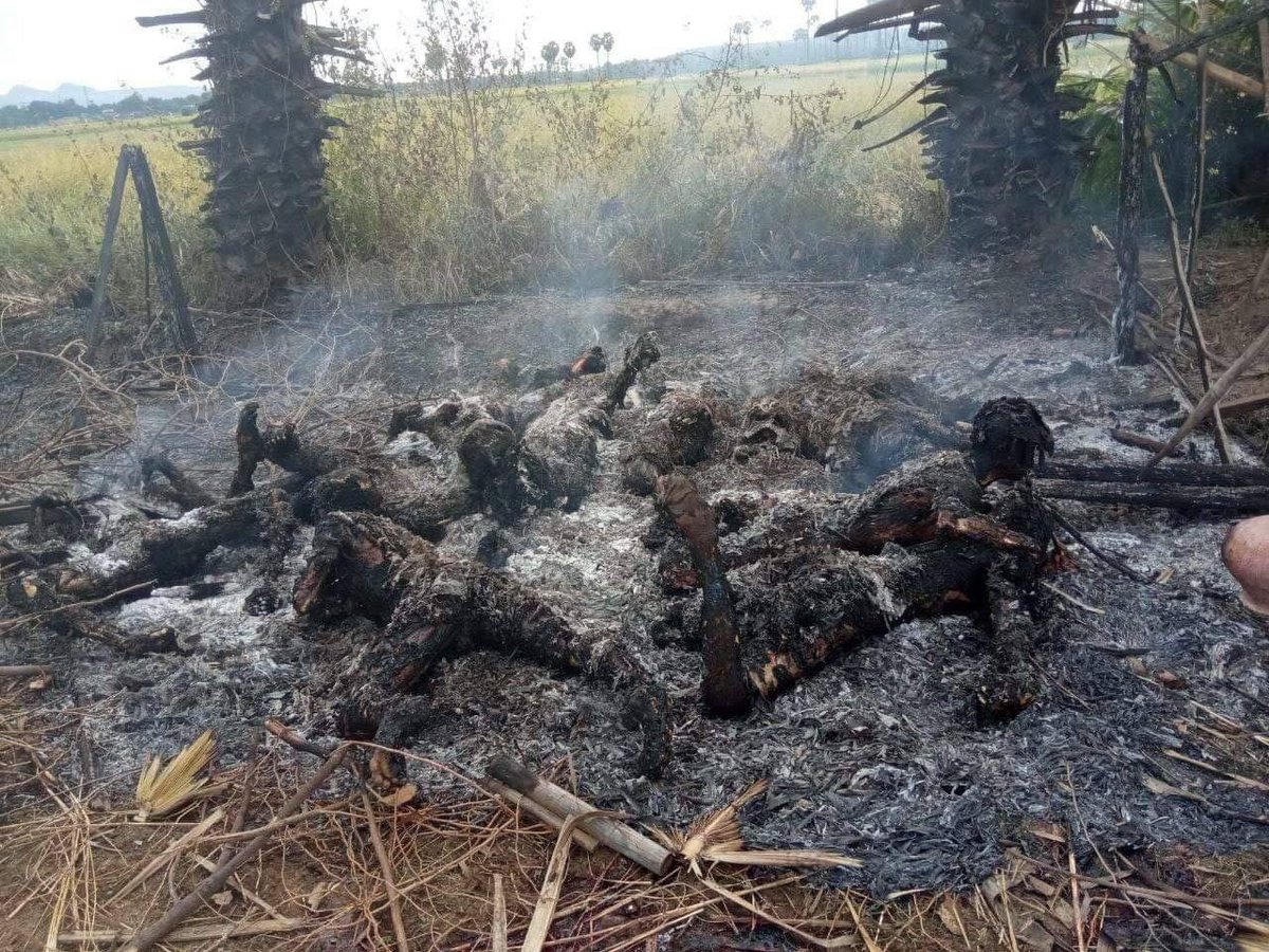 GRAPHIC: At least 11 civilians have been tied and burned today in Salingyi Township, Sagaing Region, Myanmar. Locals said that they heard the groaning and asking help from that place but couldn’t help. #BurntAliveByJunta #WhatsHappeningInMyanmar