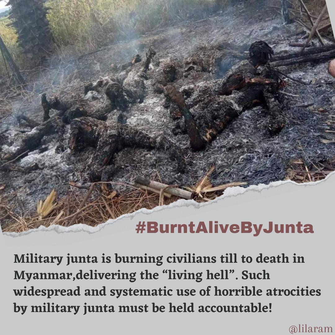m_krl1's tweet photo. tw//graphic 
Myanmar military so-called aterrorist org. has been inhumanely conducting horrible &amp; atrocious crimes against civilians including burning civilians alive. We call Int’l Comm incl @UN to take strong action against them ASAP.
#BurntAliveByJunta
#WhatsHappeningInMyanmar https://t.co/QKs3wUBosP