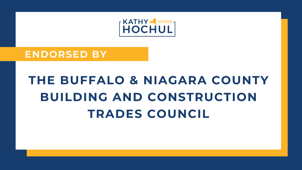 KathyHochul's tweet photo. 🚨Endorsement Alert!🚨
Honored to be endorsed by the Buffalo & Niagara Building and Construction Trades Council, which represents more than 12,000 union members who are building Western New York’s future.
Together, we’ll ensure New York remains a proud union state. https://t.co/CmSOYKWvHO