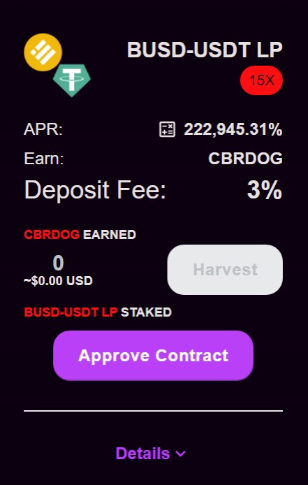 A New BUSD-USDT LP pool is added to cyberdog.finance/farms with 3% deposit fee. Go Grab the APR!

<a href="/TheCronicleNews/">TheCronicle.com - #CronosNews #Cronos #CRO #DeFi</a> <a href="/cronos_chain/">Cronos</a> <a href="/cryptocom/">Crypto.com</a> <a href="/cronaswap/">CronaSwap 🔥 #Cronos</a> <a href="/VVS_finance/">VVS-Finance</a> @News_Cronos <a href="/DefiDirect/">Bomani Zhiwe</a> <a href="/NomicsFinance/">Nomics/</a> <a href="/Shibtoken/">Shib</a> 
#CRO #DeFi #Staking #Crypto #cryptocurrency #cryptotrading