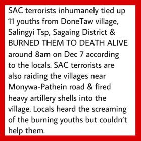 SAC TIED 11 YOUTHS &amp; BURNED TO DEATH ALIVE &amp; a civilian was used as HUMAN SHIELDS &amp; burned alive.Locals heard screaming of the burning youths but couldn’t help.The world must stop watching Myanmar Junta committing #CrimeAgainstHumanity.
#BurnAliveByJunta
#WhatsHappeningInMyanmar