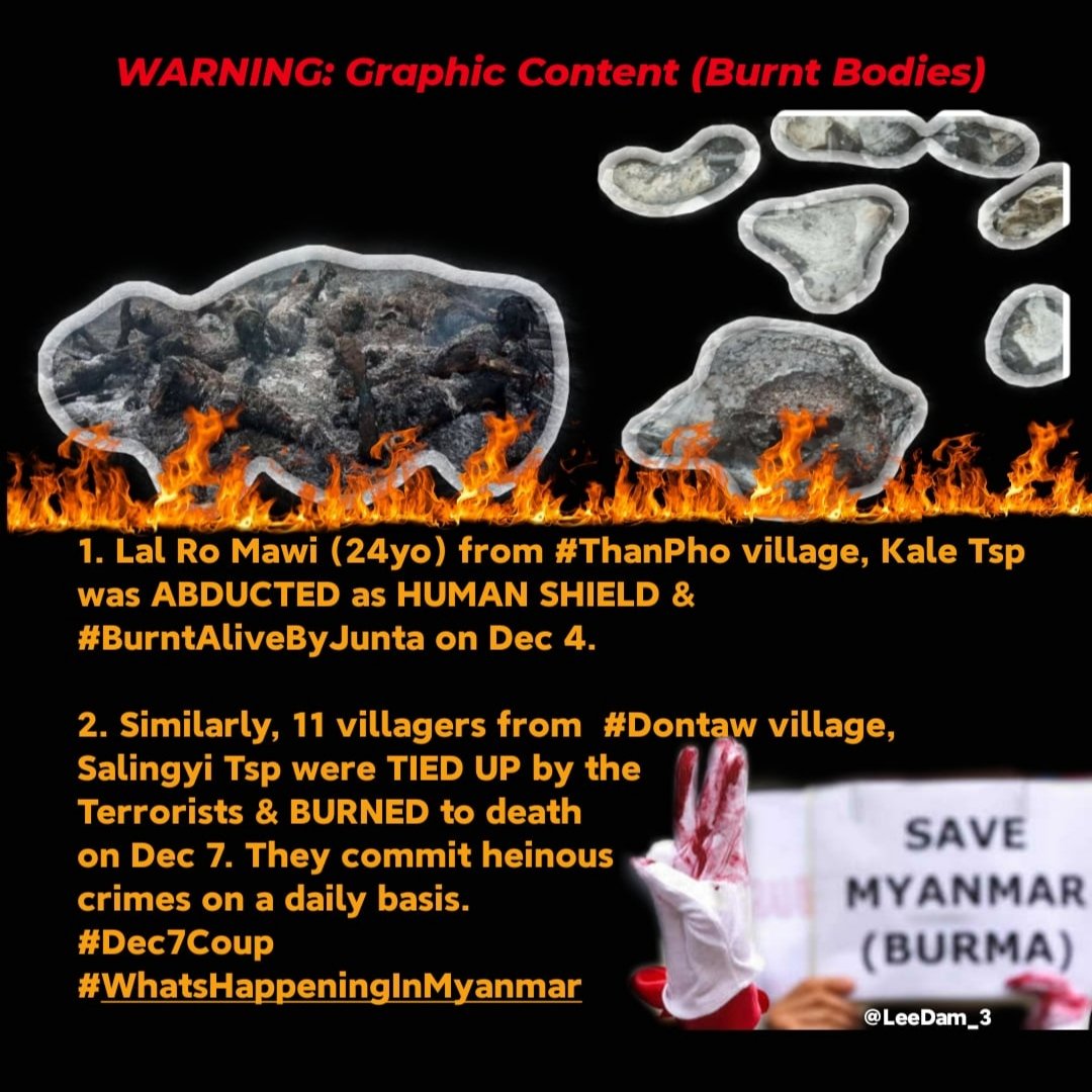 WARNING: Graphic Content (Burnt Bodies)

Lal Ro Mawi,24yo,from #ThanPho village,Kale Tsp was ABDUCTED as HUMAN SHIELD&amp; #BurntAliveByJunta on Dec4. Similarly,11 ppl from #Dontaw village,Salingyi Tsp were TIED UP&amp;BURNED to death on Dec7. SAC commits heinous crimes on a daily basis.