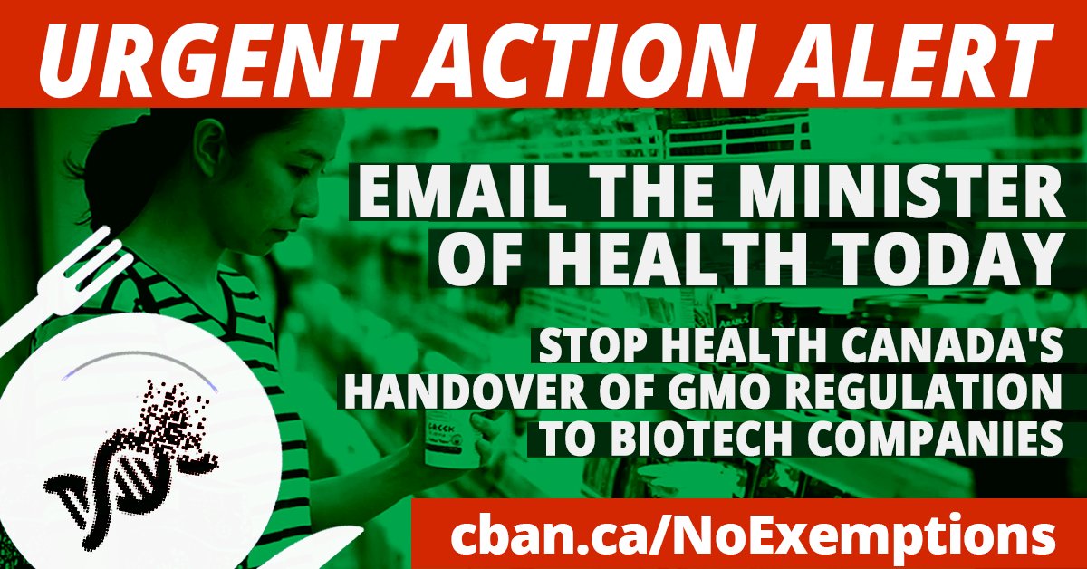 biotechaction's tweet photo. Act Today! Stop Health Canada from abandoning regulation of GM foods. Health Minister @jyduclos ensure transparency and government oversight of all #GMOs. #NoExemptions. Safety review for all gene-edited #GMOs. #NoRegulationNoTrust #cdnpoli #CdnAg https://t.co/dxp7LCTYyS https://t.co/XD8DiboQp5