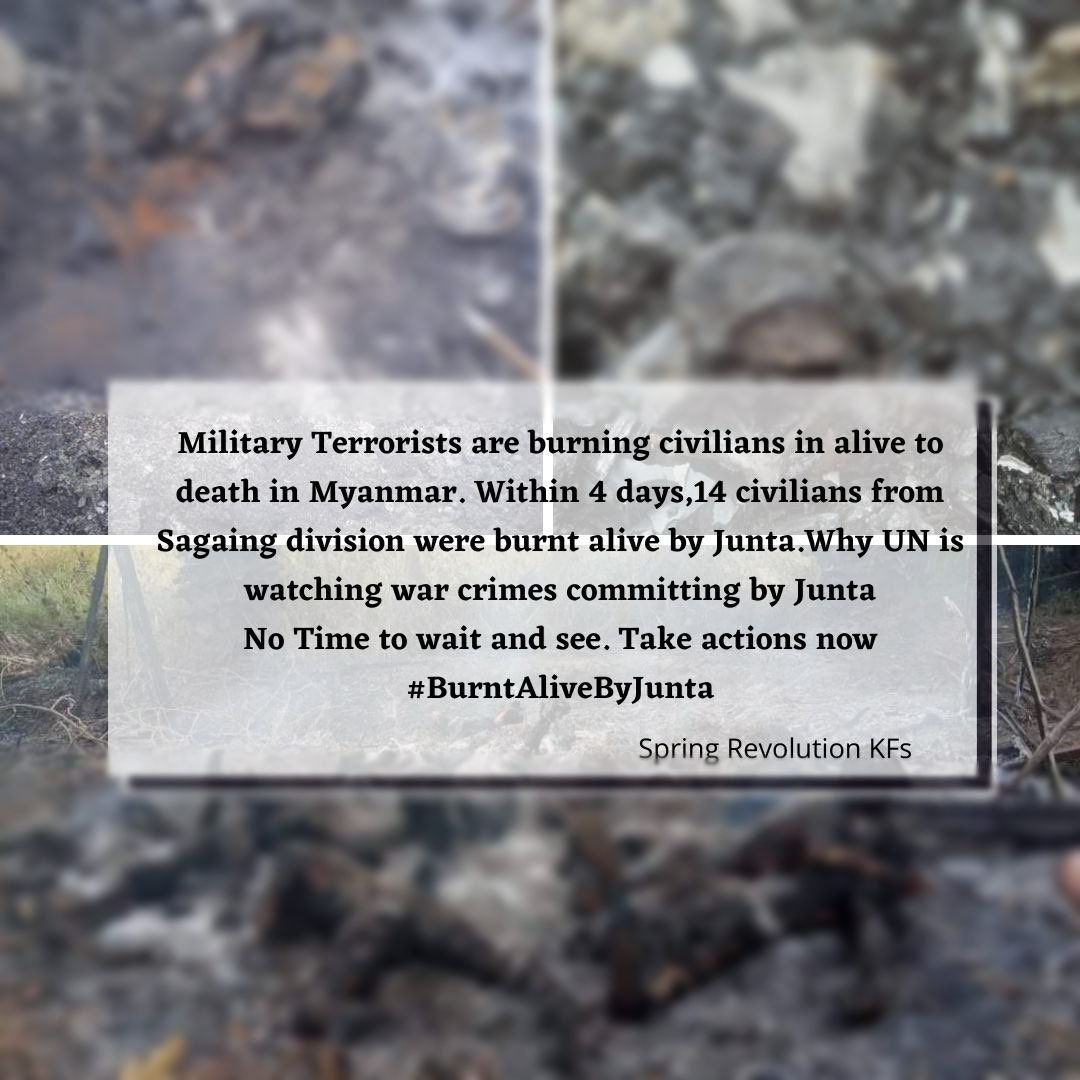 zutheingheWin's tweet photo. At around 8 am Dec 7, a group of 11 people were set on fire by military terrorists.
An eyewitness to the scene told that the victims were beaten and tortured, and that they had been burned to death before their deaths.
#WhatsHappeningInMyanmar 
#BurnAliveByJunta https://t.co/7Qv5dL3TBA