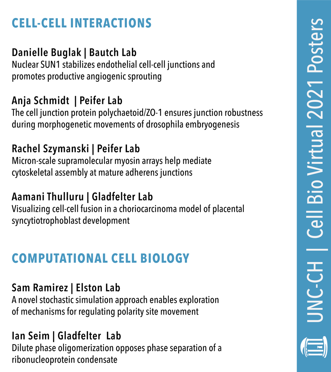 CytoskeletonUNC's tweet photo. We also have some great posters focused on the interactions between cells from @BuglakDanielle (@BautchLab), @GladfelterLab, and @Anjanja1984 (@peiferlabunc)

If computational biology is your jam, then don't miss these two posters from the Elston Lab &amp; @GladfelterLab! https://t.co/Jm938qgt7Z