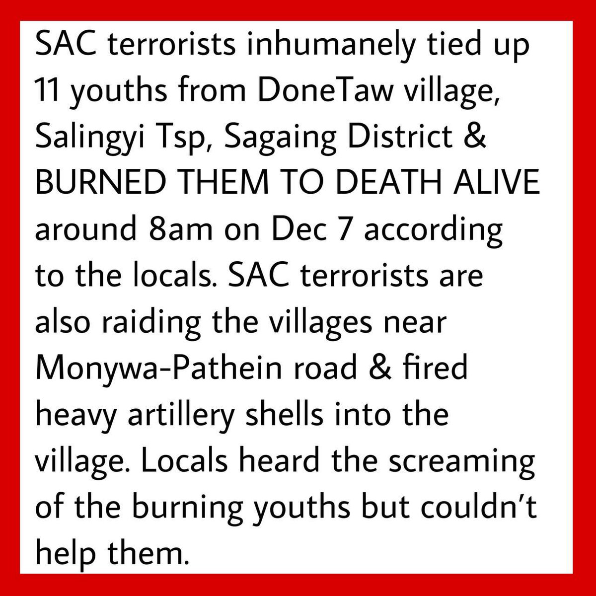 ltenvely's tweet photo. SAC TIED 11 YOUTHS &amp; BURNED TO DEATH ALIVE &amp; a civilian was used as HUMAN SHIELDS &amp; burned alive.Locals heard screaming of the burning youths but couldn’t help.The world must stop watching Myanmar Junta committing #CrimeAgainstHumanity. #BurntAliveByJunta #WhatsHappeningInMyanmar https://t.co/nWzKqlpwHq