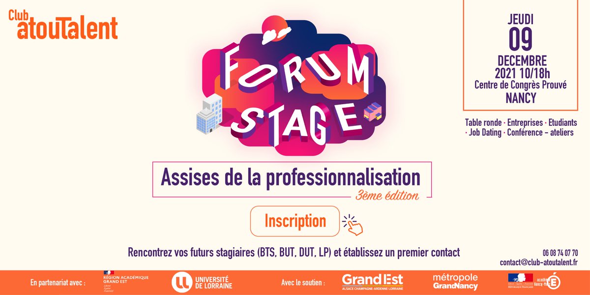 RTE_Est's tweet photo. Présents✋aux #AssisesDeLaProfessionnalisation organisées par le @clubatoutalent jeudi prochain. Au programme, tables rondes, #forumstage et conférences 👍 RDV au Centre Prouvé à #NANCY. N'attendez plus pour vous inscrire ➡️https://t.co/vkh3B85mpE #formation https://t.co/nzxvvg5LWV