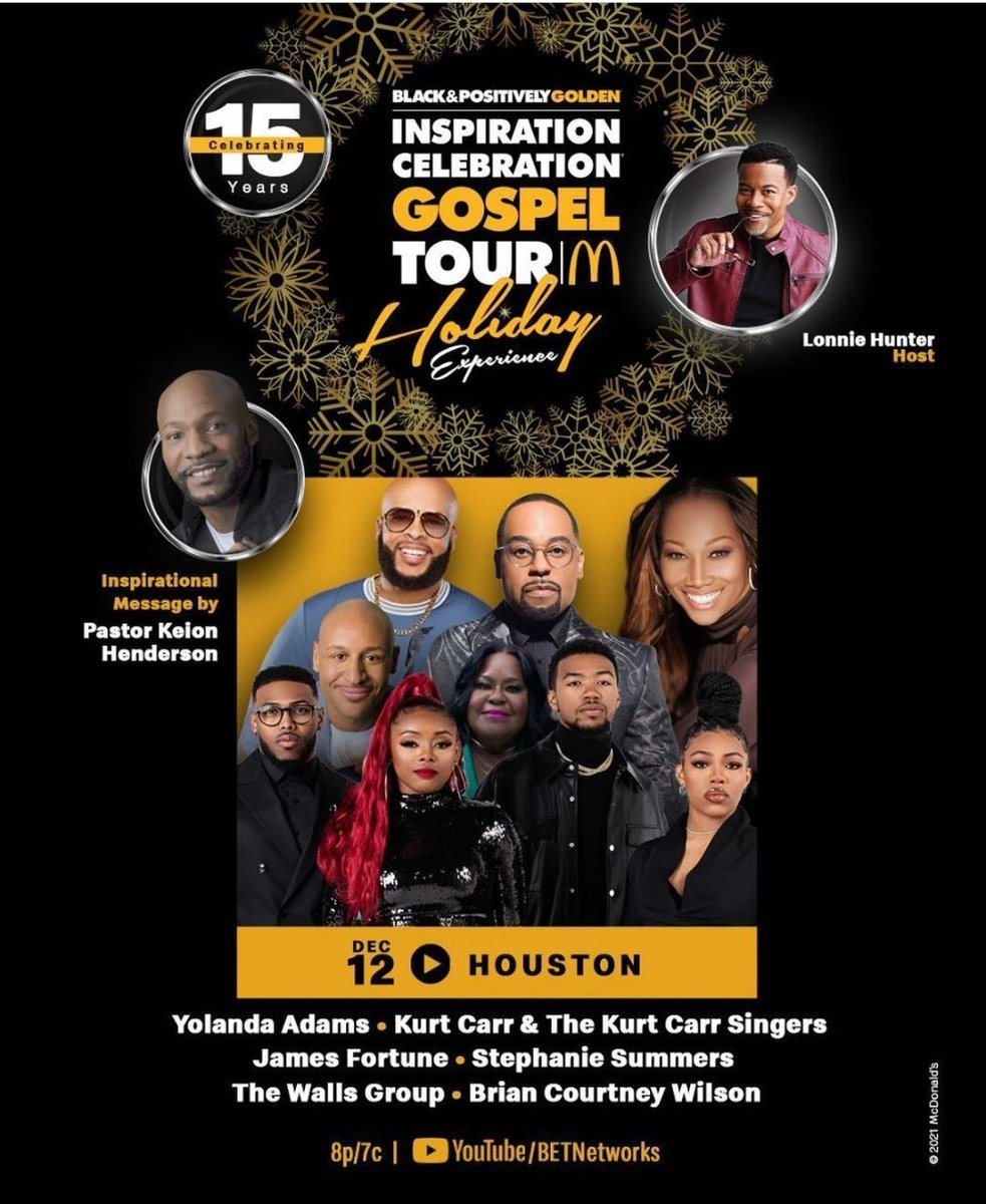 SAT DEC12 8pm est !!!!! Don't miss this epic holiday show Hosting this amazing cast of artists to help make your holiday bright. The McDonald's Gospel Tour closes out 
Streaming on BET's YouTube page
Continuing to help raise funds for the Ronald McDonald House Charities