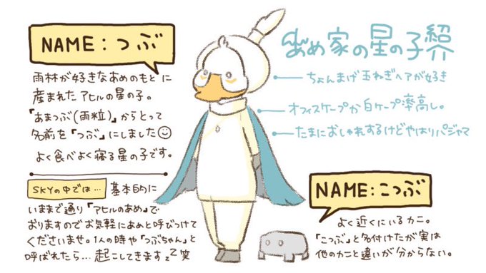 キャラシできました☺︎

いつも私の絵に登場する「アヒル」と「カニ」。

「つぶ」と「こつぶ」という名前を授けてみました。
…名前以外は変化はないのですが、どうぞよろしくお願いします。笑

#つぶの星集め #sky創作
#sky星を紡ぐ子どもたち 