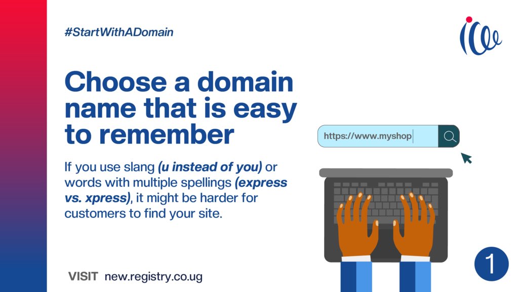Infinityi3C's tweet photo. You probably want your domain name to be memorable so choosing a domain name that’s easy to remember and type is critical to your online success. Avoid words or name that can be easily misspelled or hard to remember. 

#StartWithADomain #i3CDomains #DomainNames #UGDomains https://t.co/NFsMtyylZ3