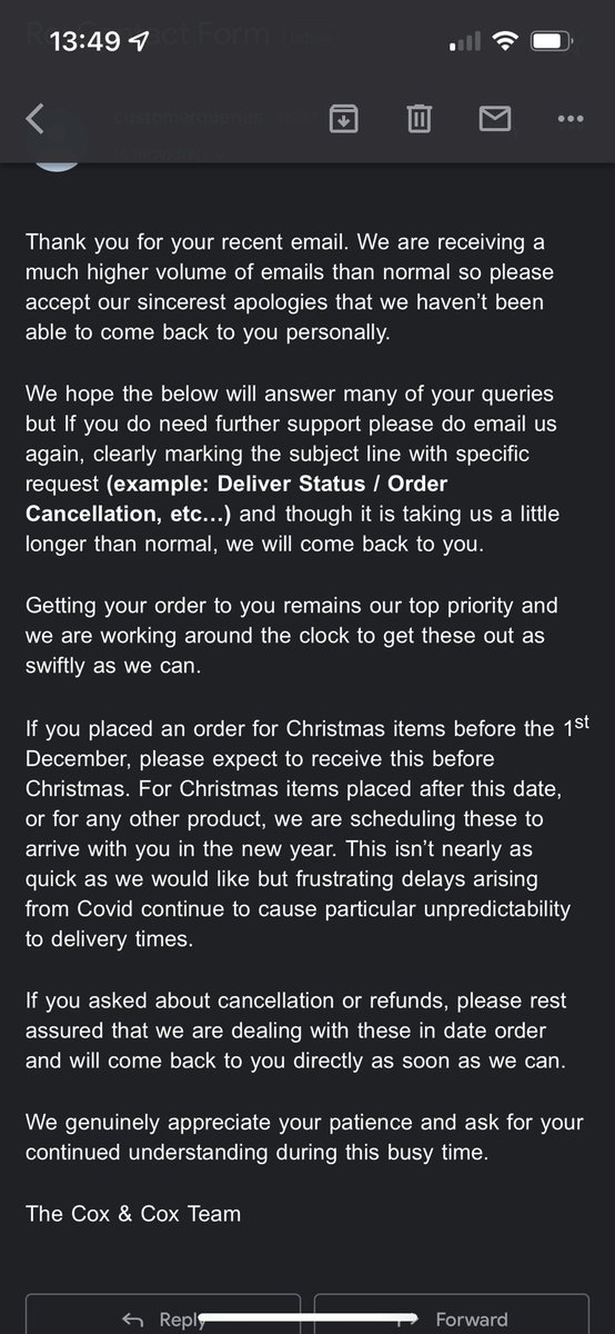 PsLoveIsWicked's tweet photo. @coxandcoxuk Hi. I have already emailed last week, but got the attached generic response with no actual detail on my query which was absolutely no help to me. Are you able to provide me any detail? Thanks https://t.co/qeMFle1R5T