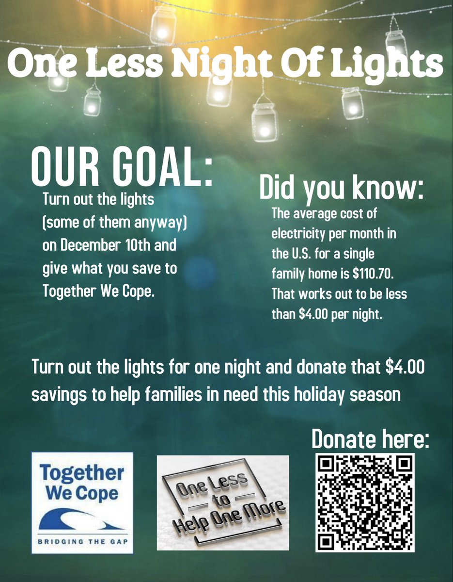 OneLesstoHelpO1's tweet photo. This Friday y’all! Turn down those lights and turn up the donations. Use the QR code here to reach our PayPal and we will take care of the rest! We will send all proceeds to Together We Cope. TOGETHER, we can truly make a difference. https://t.co/F8BSv7UmSY
