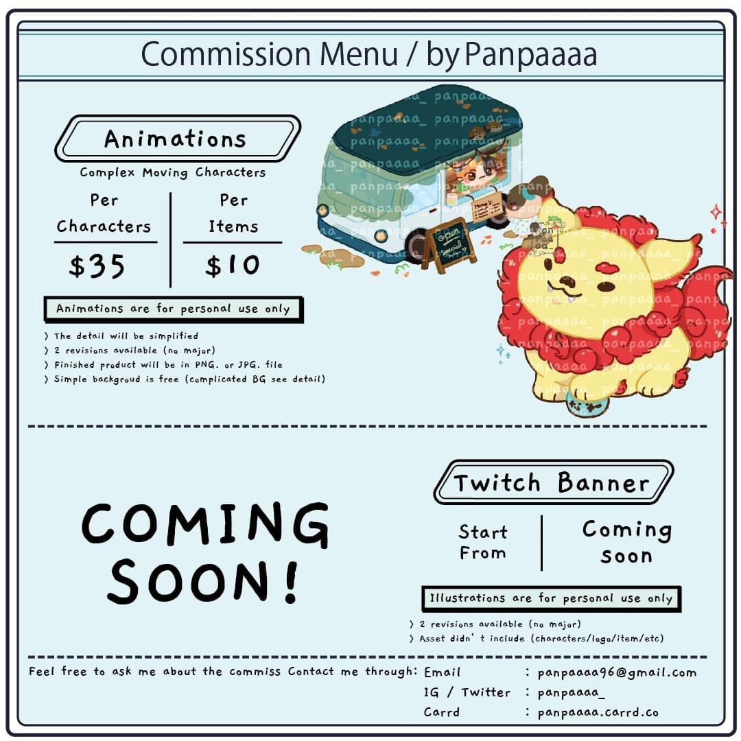 panpaaaa_'s tweet photo. Finally, commission is now on. I really appreciate retweet, and if you have any questions you can DM me from twitter or Email.
More detail about commission you can check my Carrd on bio https://t.co/0qAB7Z3bHj