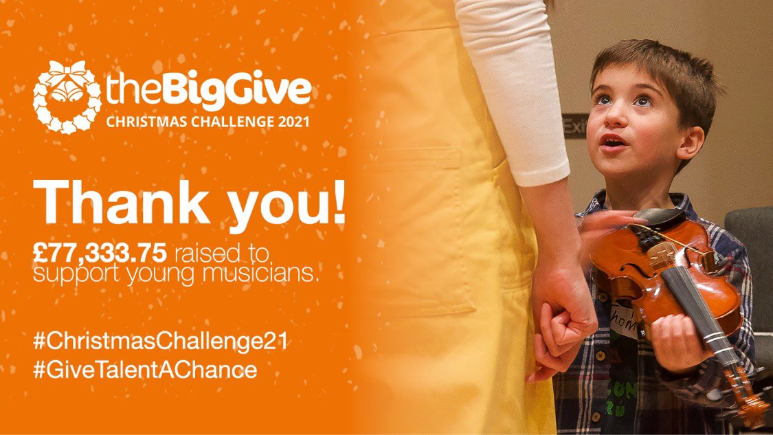 We did it! Thank you to everyone who donated to this year's <a href="/BigGive/">Big Give</a> #ChristmasChallenge21 🎄 

Together we raised, with match funding and Gift Aid, a total of £77,333.75 to support young musicians!

Thanks to your generosity and support we can continue to give talent a chance 🙏