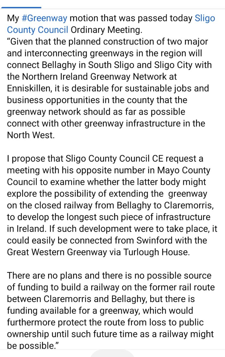 My #Greenway motion that was passed yesterday at <a href="/sligococo/">Sligo County Council</a> Ordinary Meeting <a href="/GreenwaySligo/">Sligo Greenway</a> <a href="/Dept_Transport/">An Roinn Iompair - Department of Transport</a> <a href="/RTENationwide/">RTÉ Nationwide</a> <a href="/collooneygreen1/">@collooneygreenway</a> <a href="/GreenwaysIRL/">Greenways Ireland</a> <a href="/WestrnRailTrail/">Western Rail Trail - Athenry to Sligo Greenway</a> <a href="/EastMayoGreenwa/">East Mayo Greenway</a> #collaboration #Greenways #Jobs #Tourism #Sligo #Mayo #Galway #Leitrim #Enniskillen