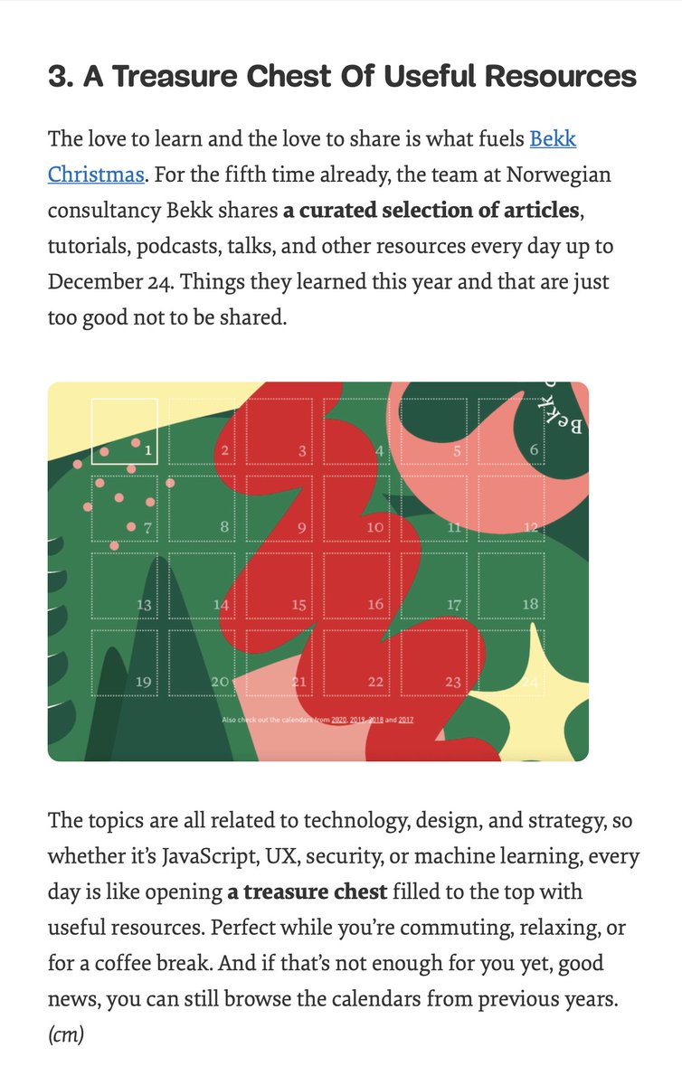 selbekk's tweet photo. I could not be prouder than I am right now 🤩 One of my favorite publications of all time, @smashingmag , wrote so many kind words about Bekk Christmas this year 😍

Thanks a ton!

Also 👉 https://t.co/K4bL2tE9Yx 🎅 https://t.co/sbhjF775A9