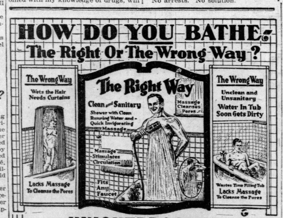 How Do You Bathe?  The caption says the guy on the left is bathing in a manner that “Lacks massage," but the pic tells a different story... (Trib, 1919)