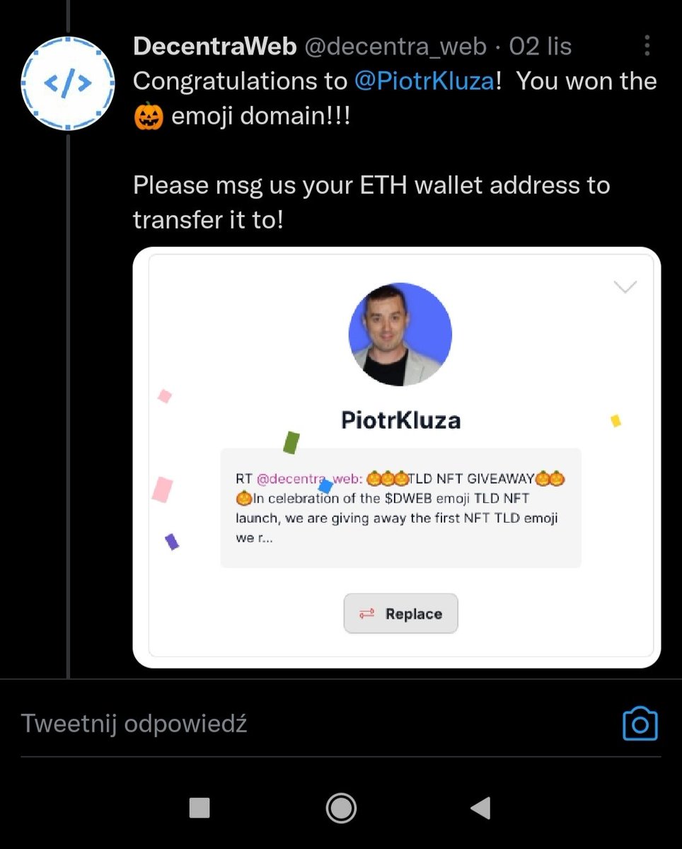 PiotrKluza's tweet image. I won this emoji domain and didn&apos;t get it. And when I write to the Decentraweb team on Telegram, suddenly everyone loses their eyesight and pretends not to see my messages.
@decentra_web #DecentraWeb