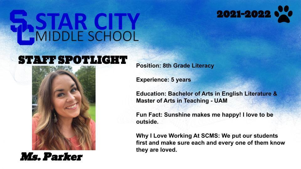 StarCitySchools's tweet photo. Congratulations Mrs. Callie Parker! We are so glad you are part of our @scmiddleschool family. It is our honor to highlight you this week in our SCMS Staff Spotlight. #SCMSstrong #BeTheBest https://t.co/wvqZlLd0Gs