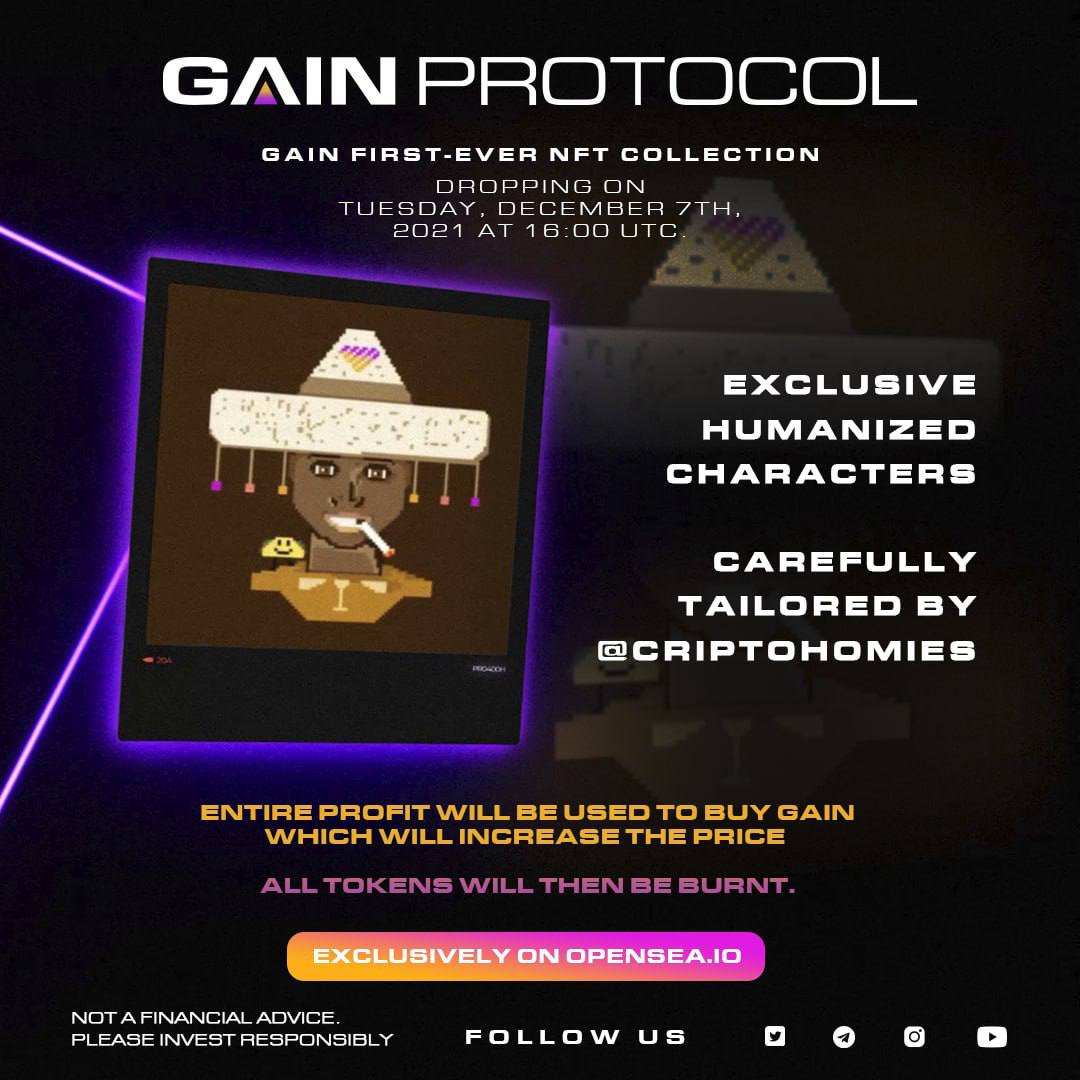GainProtocol's tweet image. Gain Protocol is about to debut our #NFT collection of exclusive humanized characters in collaboration with the amazing @CriptoHomies😍✨
 
Profits earned will be used to buy &amp;amp; burn GAIN tokens 🔥 

NFTs dropping on @opensea today 7th December 2021 at 16:00 UTC🎉

#GainProtocol🚀
