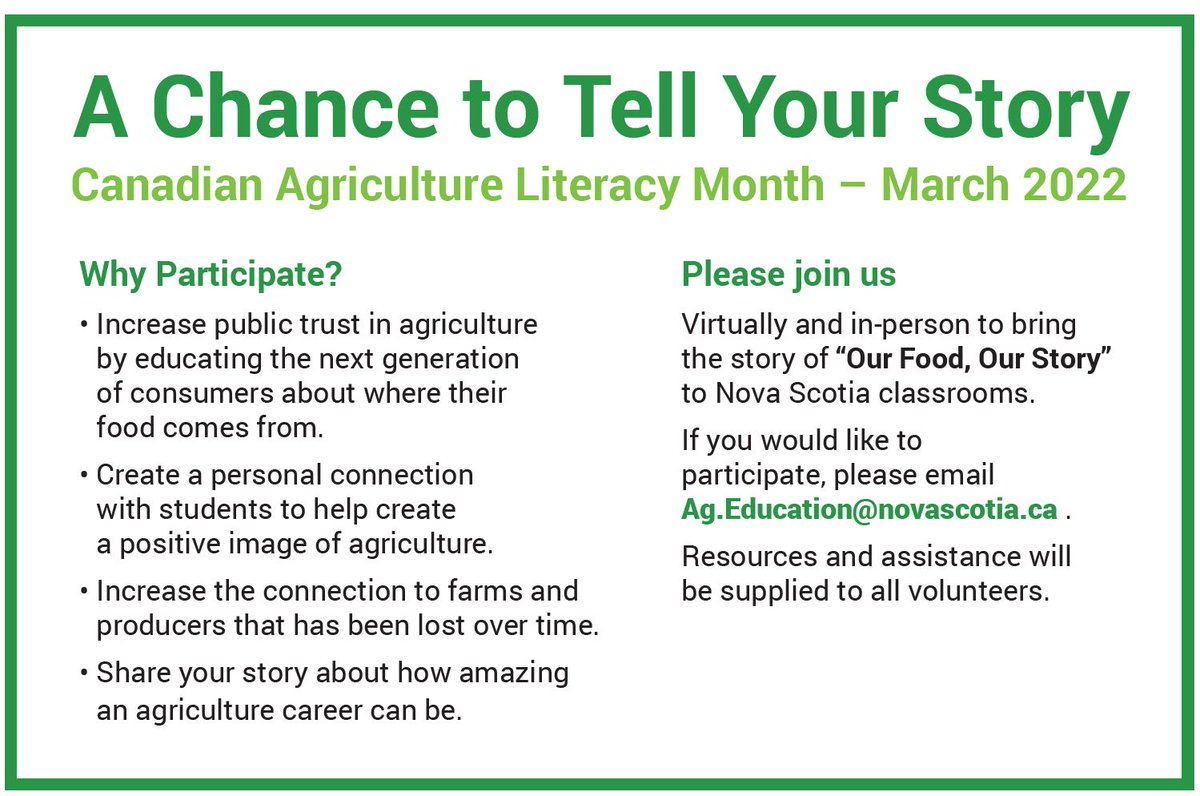 ssdalac's tweet photo. NS Department of Agriculture is recruiting people in the Agriculture industry to volunteer for Canadian Agriculture Literacy Month program! Volunteers would visit a grade 3 classroom during the month of March and talk about their career and agriculture education. #agliteracymonth https://t.co/Jf6TjM7Ohw