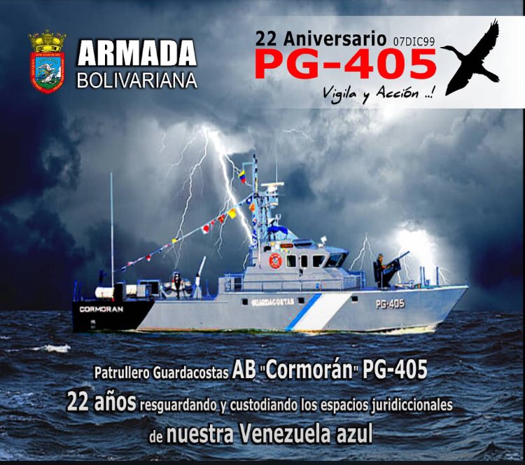 ABPg403's tweet photo. Hoy el comando del @ABPg403 se enorgullece en felicitar al @pg405cormoran por arribar al 22 aniversario resguardando nuestra venezuela https://t.co/pfieBvqzaO @AB_Guardacostas @ArmadaFANBVzla @NicolasMaduro @PrensaFANB @VPadrinoLopez @dhernandezlarez https://t.co/ZFPrg2WpD0