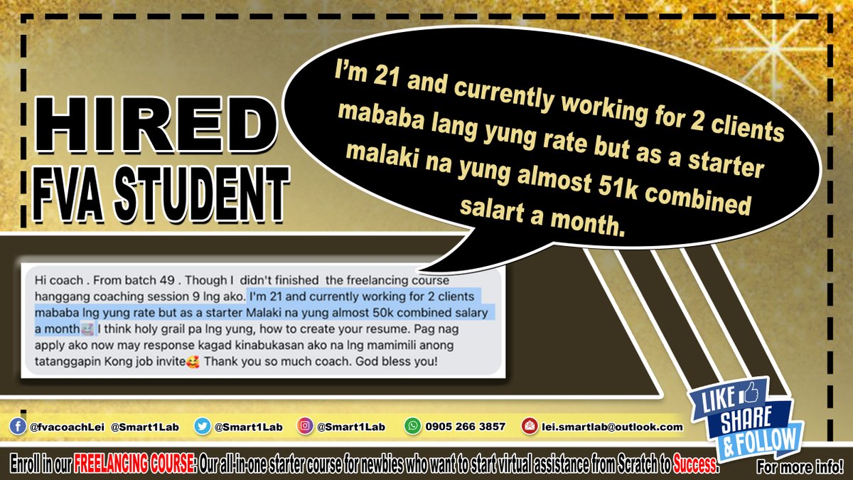 SmartLearninLab's tweet image. You are not too early or too late to start your freelancing journey! Begin today! To enroll, please send us a PM!

#WFH
#FreelancingTips
#Freelancing
#OnlineJobs
#FVAQatar
#surge
#Qatar
#OFW
#fvaconsultancy
#filipinovirtualassistance
#SmartLearningLab