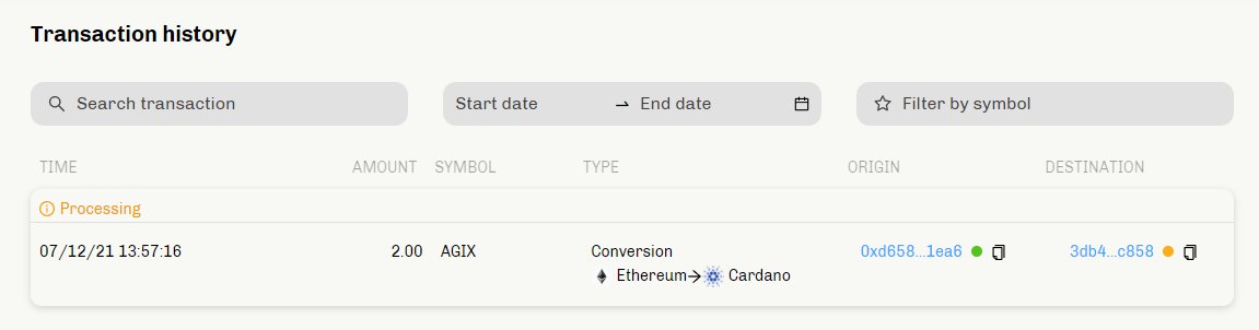 Just completed my first transaction on the ERC20 Convertor which just launched on the testnet 🔥😀
-&gt; testnet.agix-converter.iohk.io

Smooth process and already have the $AGIX in my #Cardano testnet wallet 💪
 
Will do a demo in a video later today 📺
