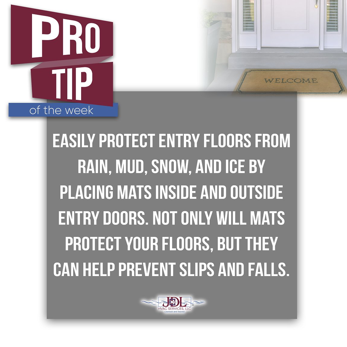 JDLHVAC's tweet photo. Entry mats are great at keeping floor conditions safe and clean, and they can also add some decor to your home.
#entrymat #hvac #hvactip #protip #hvacheating #hvaccooling #hvaccaulking #ceilingfan #hvacmaintenance #hvacservice #jdlhvacservices #hvacpro #hvacrepair #hvacsystem https://t.co/PO0dsT2oF8