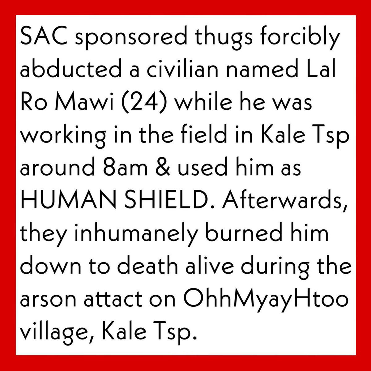 Nyi22222's tweet photo. SAC TIED 11 YOUTHS &amp; BURNED TO DEATH ALIVE &amp; a civilian was used as HUMAN SHIELDS &amp; burned alive.Locals heard screaming of the burning youths but couldn’t help.The world must stop watching Myanmar Junta committing #CrimeAgainstHumanity.
#BurntAliveByJunta
#WhatsHappeningInMyanmar https://t.co/BbX9VjEMuq