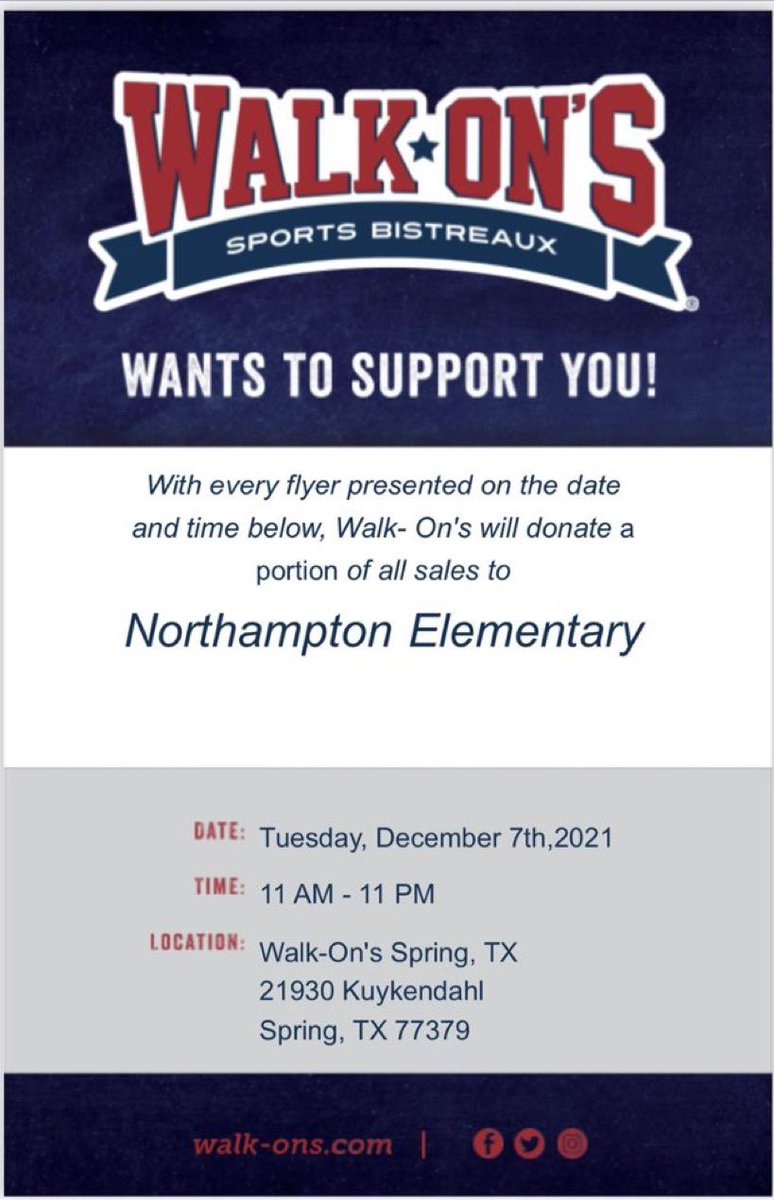 Spirit Night is tonight at Walk-Ons! Remember to show this flyer from your phone so Northampton gets credit!