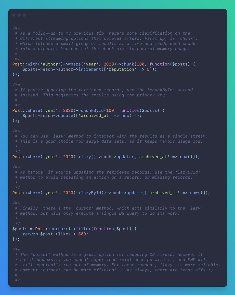 mattkingshott's tweet image. 🔥 #Laravel Tip: As a follow up to my previous tip about chunking DB records, here&apos;s a clarification of functionality / more detailed breakdown of the options @laravelphp provides.