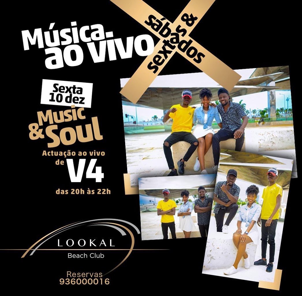 LookalC's tweet photo. Há música no Lookal

Sexta-feira 10 de Dezembro

Music &amp; Soul

Com a banda * V4 *

Faça uma viagem musical inesquecível.

Sábado 11 de Dezembro

O regresso de um dos grandes da música angolana

Nelo Carvalho

Reservas : 936 000 016 // 936 000 017
Patrocinador Oficial : SUPER BOCK https://t.co/ZzAWSkelbG